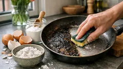 Aangekoekte koekenpan schoonmaken met eierschalen en zuiveringszout